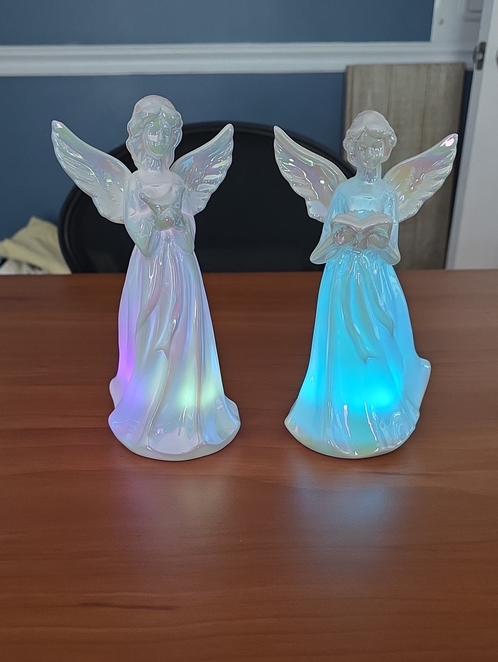 Iridescent White Angel Figurine with LED Light - Set of 2